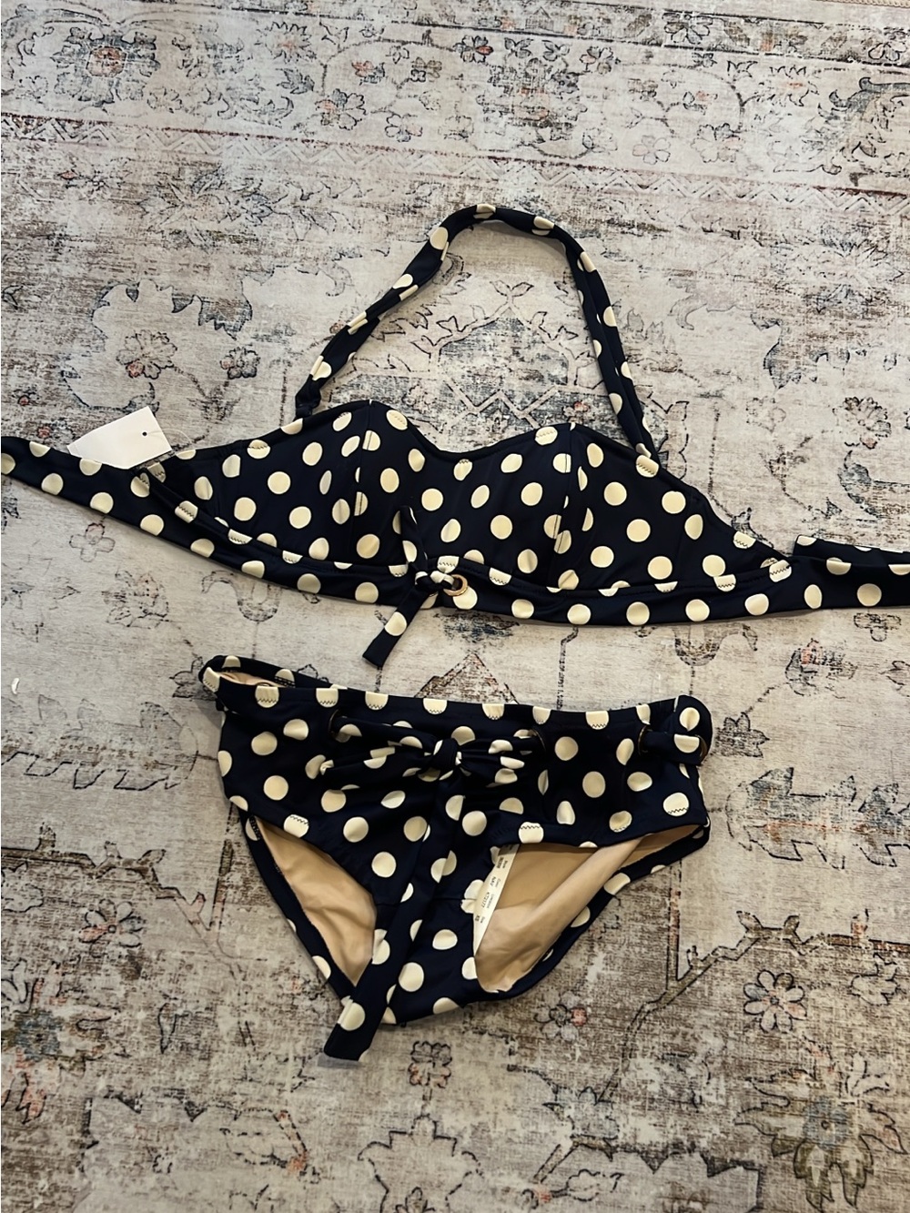 J. Crew Navy with Cream Polka Dot Bikini Set
